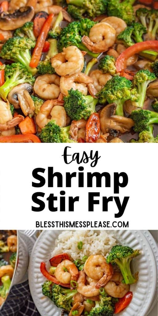 top picture is a close up of shrimp stir fry, bottom picture is of a plate of shrimp stir fry, with the words "easy shrimp stir fry" written in the middle