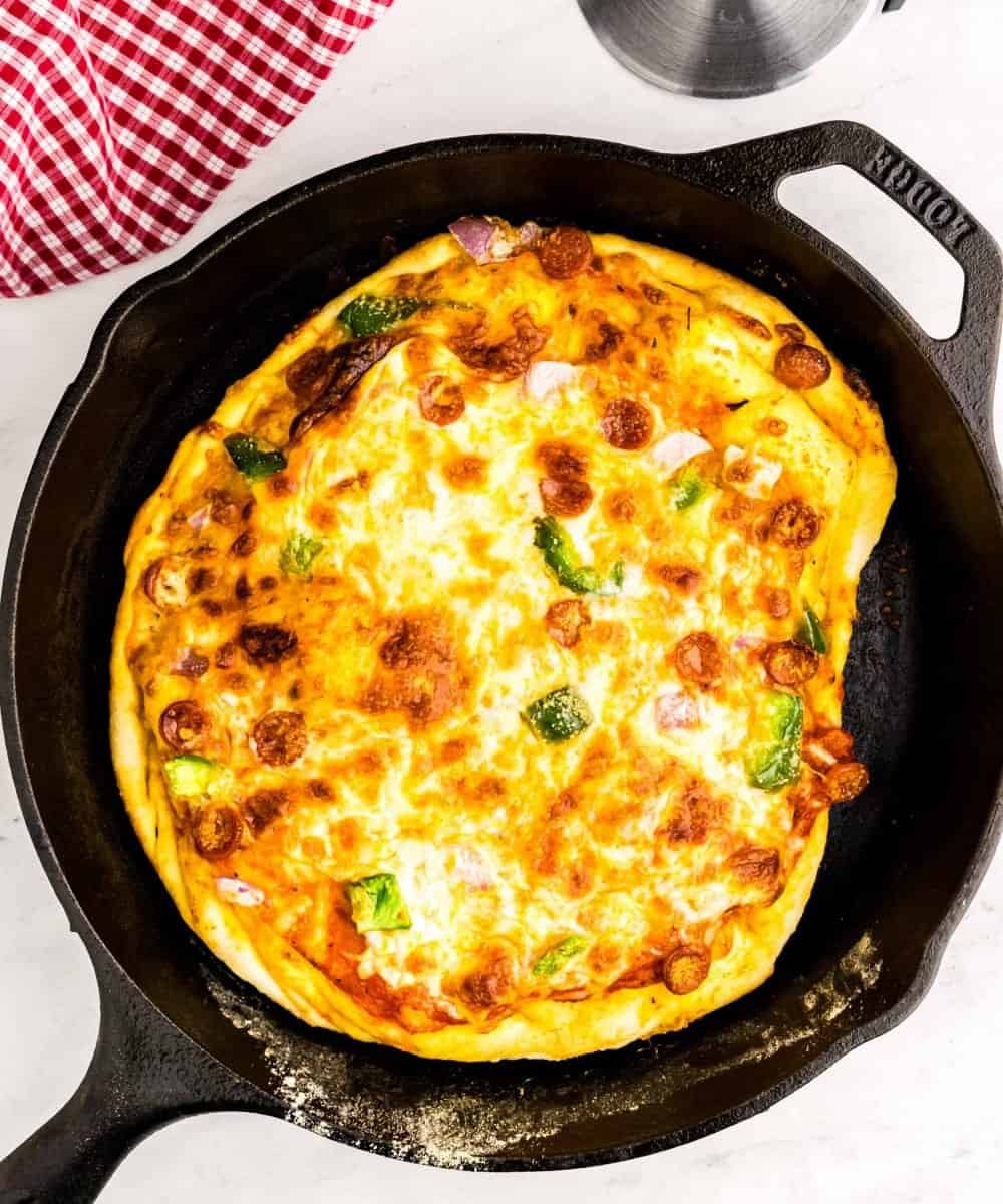 top view of a skillet pizza