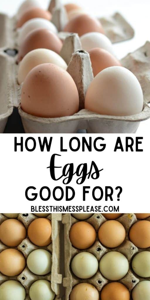 Top picture is a close up of a carton of eggs, bottom picture is the top view of eggs in cartons, with the words "how long are eggs good for" written in the middle