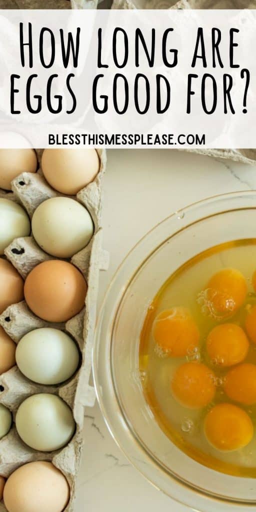 top view picture of eggs in a carton next to a bowl of cracked eggs with the words "how long are eggs good for" written at the top