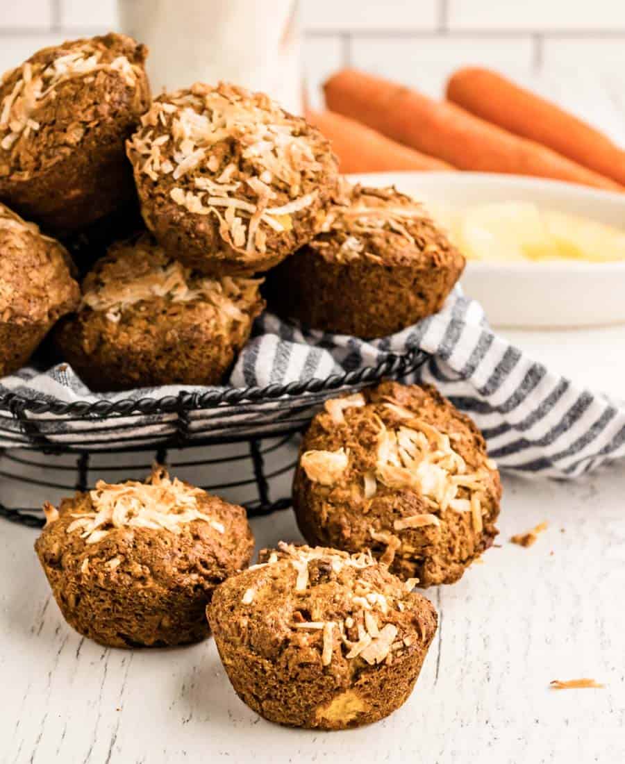 picture of morning glory muffins in front of and in a wire basket