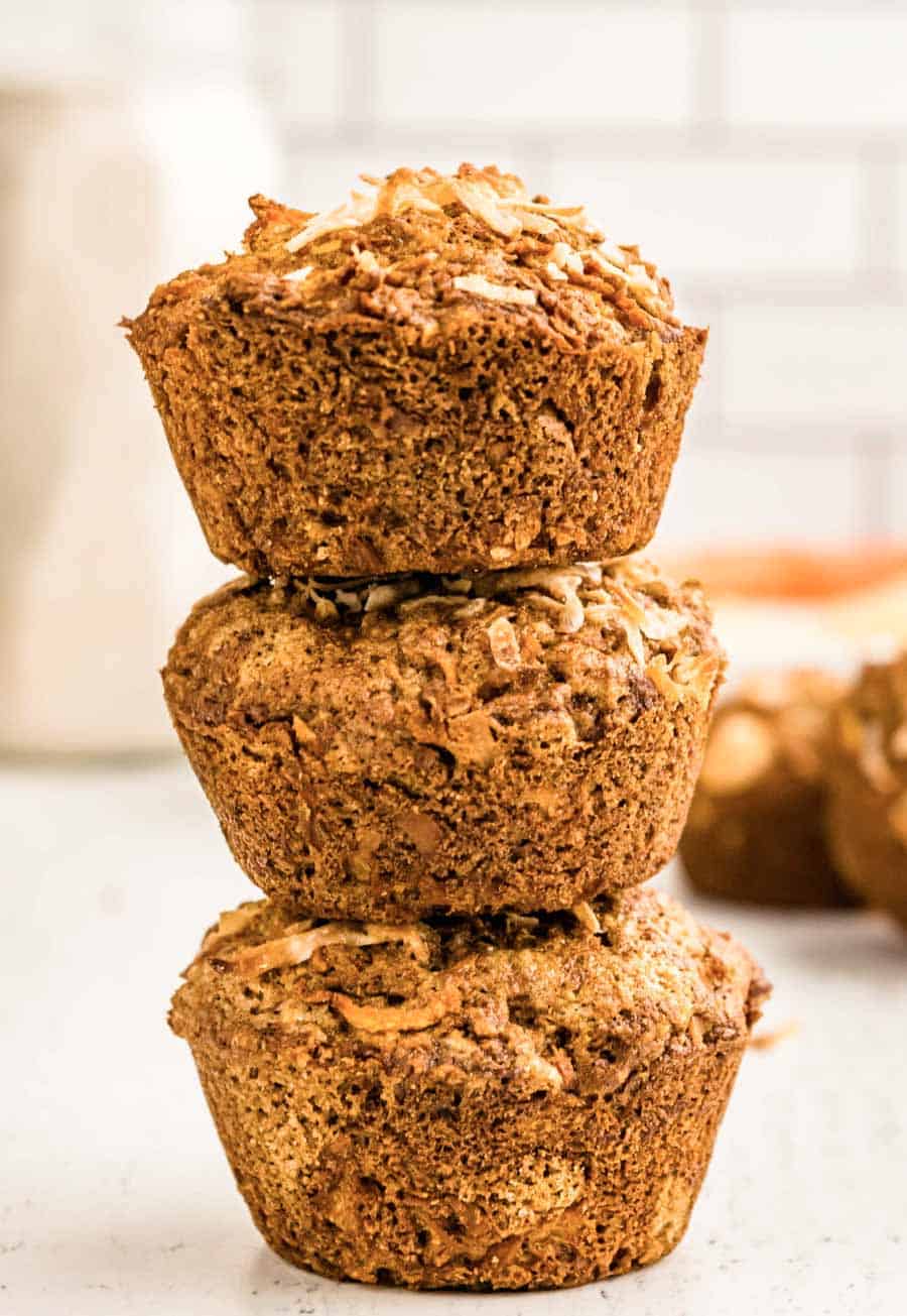 three morning glory muffins stacked on top of each other