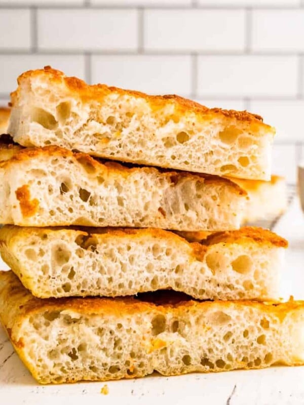 slices of focaccia bread stacked on top of each other