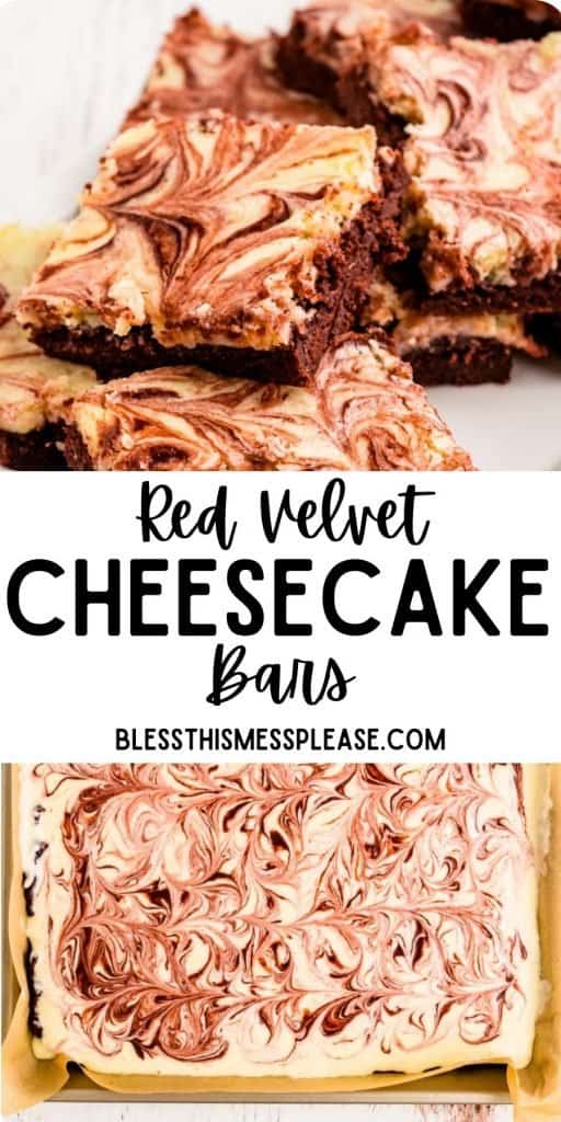 top picture is of slices of cheesecake bars, the bottom picture is the top view of cheesecake bars in a pan with the words "red velvet cheesecake bars" written in the middle