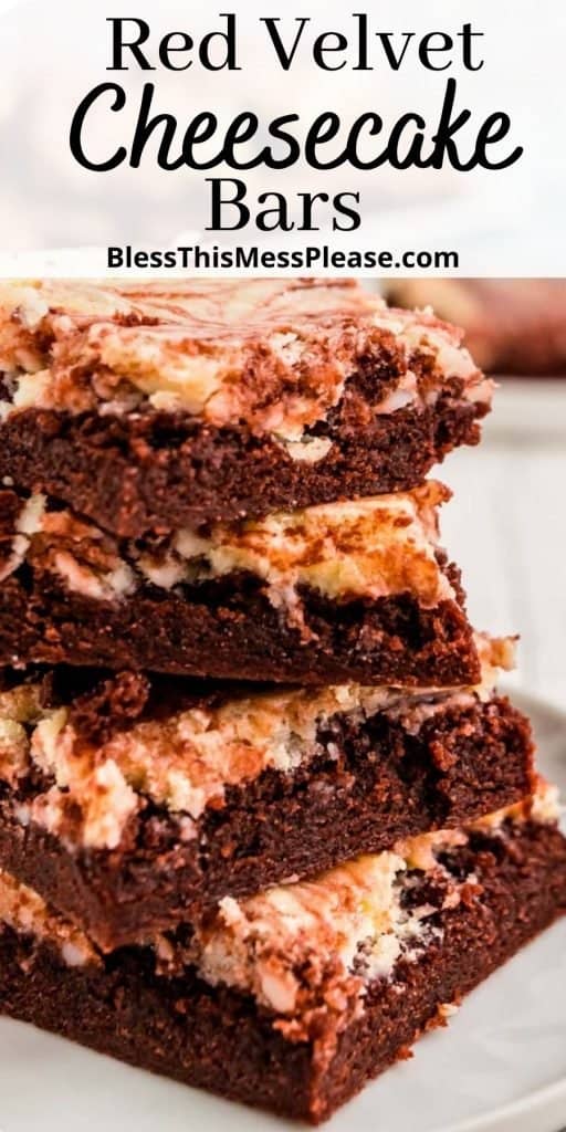 red velvet cheesecake bars stacked on top of each other with the words "red velvet cheesecake bars" written at the top