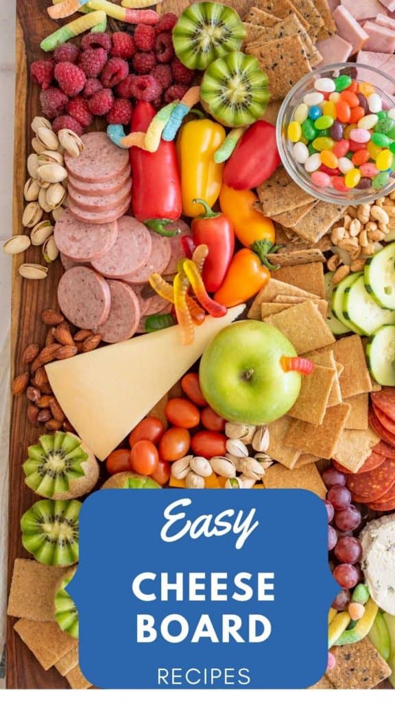 top view of a cheese board with the words "easy cheese board" written at the bottom