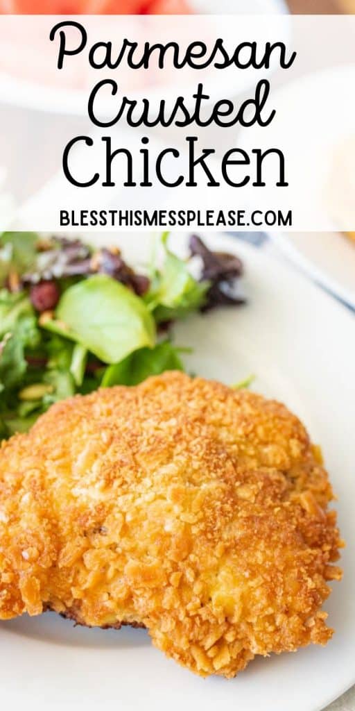 a breast of parmesan crusted chicken on a plate with the words "parmesan crusted chicken" written at the top
