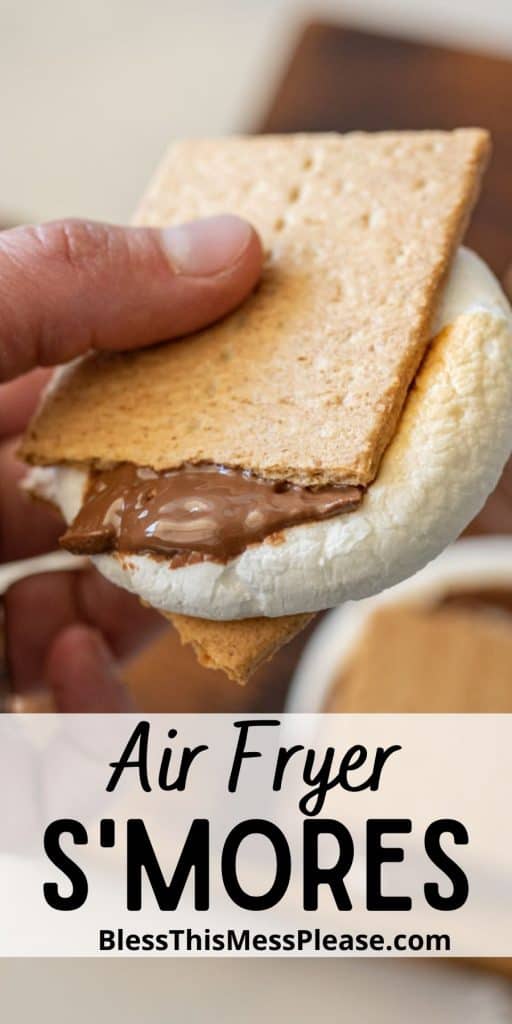 Hand holding a smores with the words "air fryer smores" written at the bottom