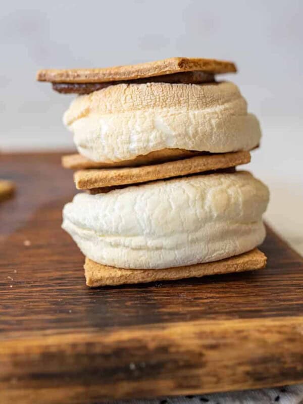 side view of air fried smores stacked on top of each other