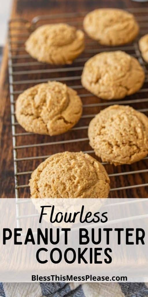 close up picture of peanut butter cookies on a cooling rack with the words "flourless peanut butter cookies" written at the bottom