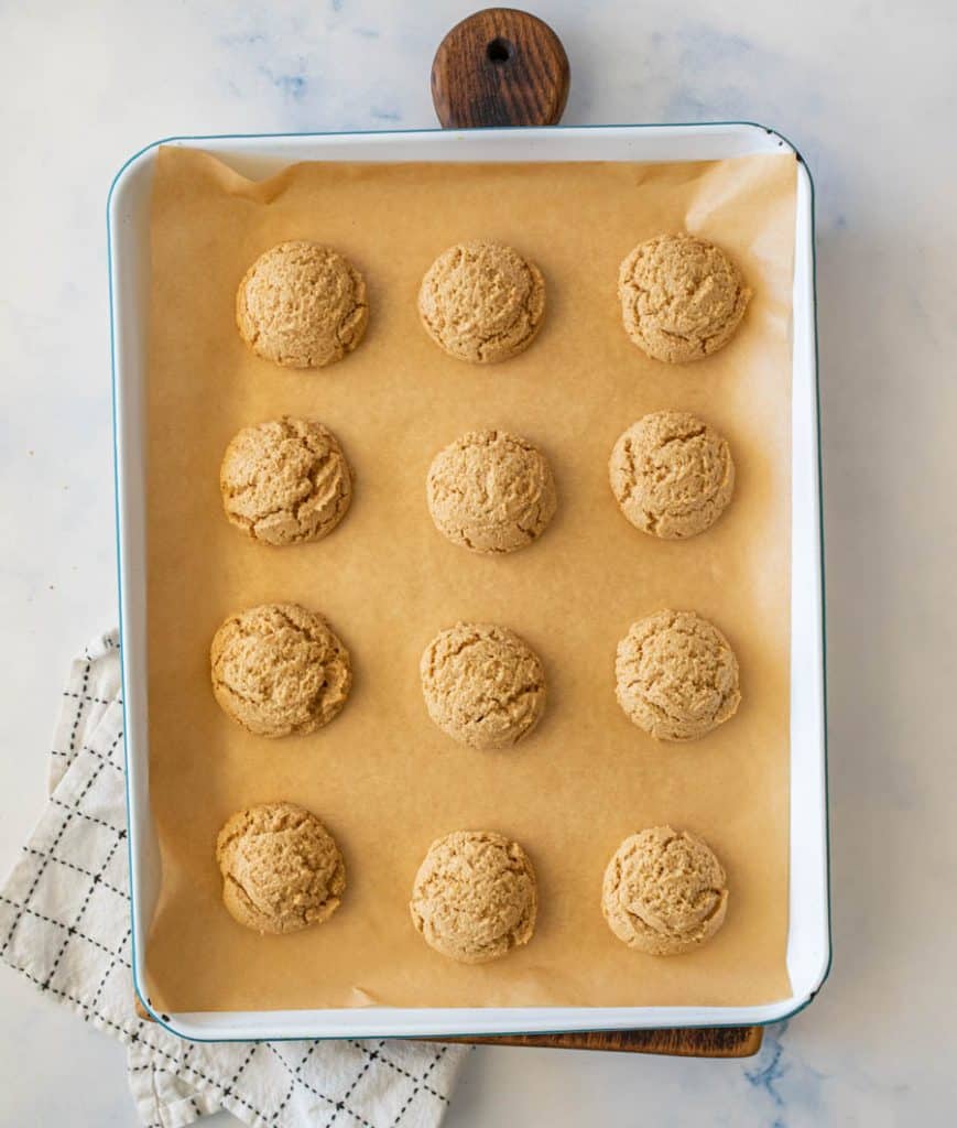 top view of peanut butter cookies on a baking sheet