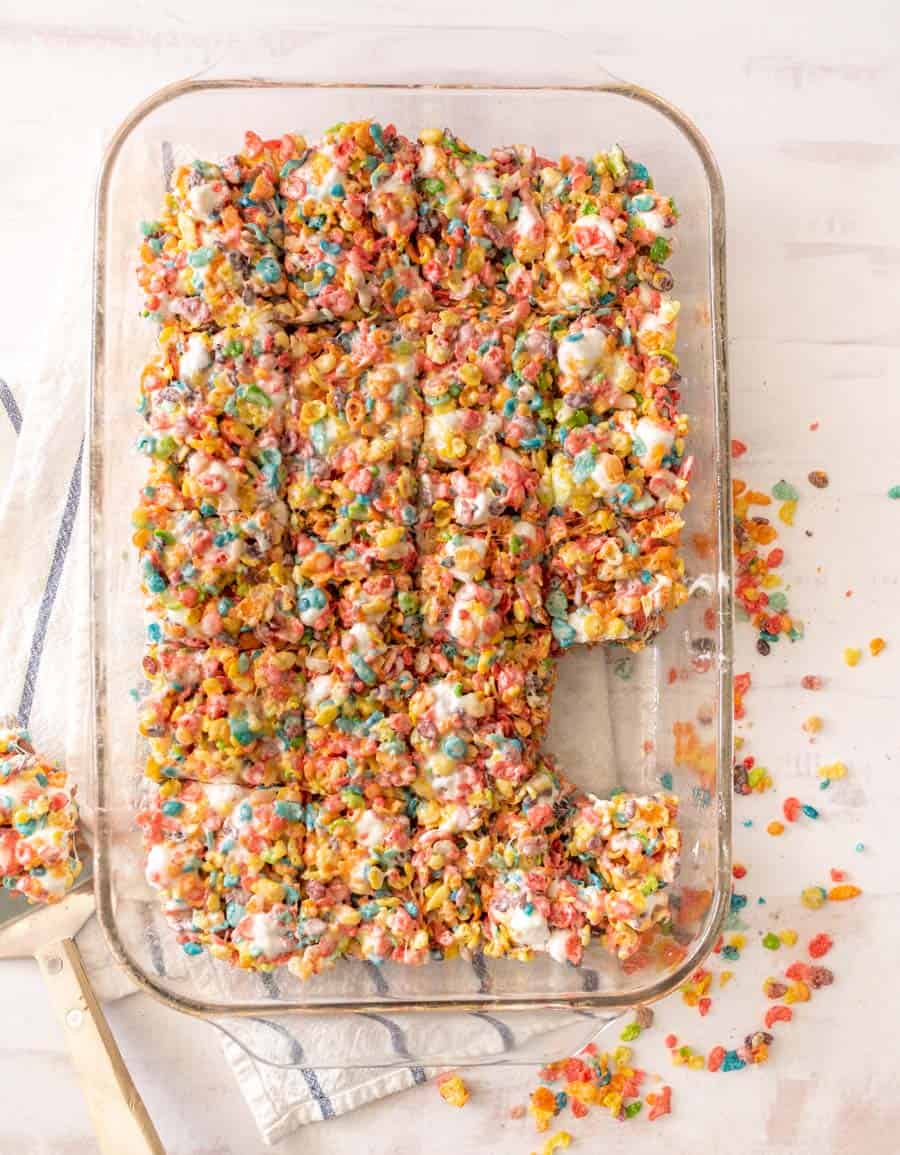 top view of fruit pebble treats in a baking dish