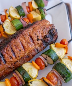 Grilled Black Pepper Pork Loin with Grilled Rainbow Veggie Kabobs