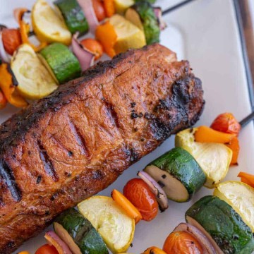 Grilled Black Pepper Pork Loin with Grilled Rainbow Veggie Kabobs