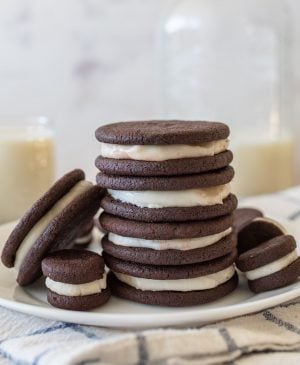 homemade oreos stacked on top of each other on a plate