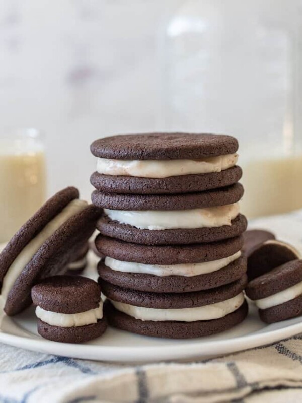 homemade oreos stacked on top of each other on a plate