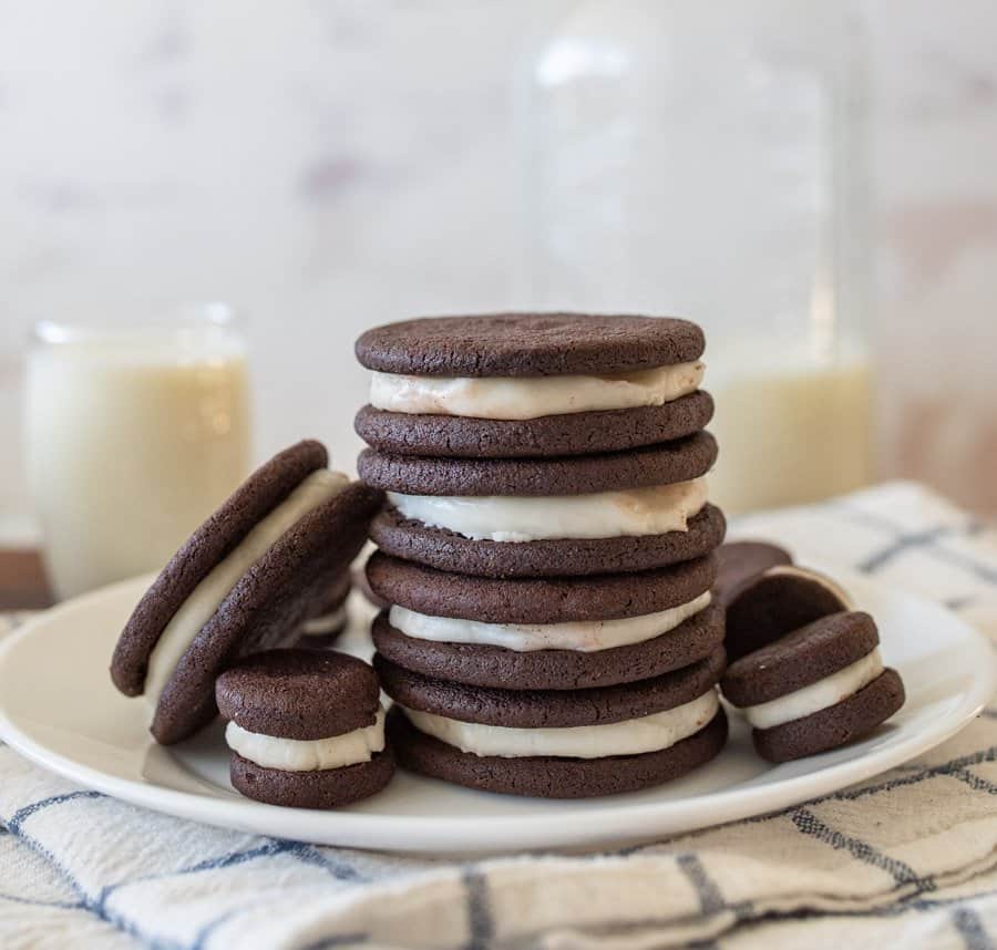 homemade oreos stacked on top of each other on a plate