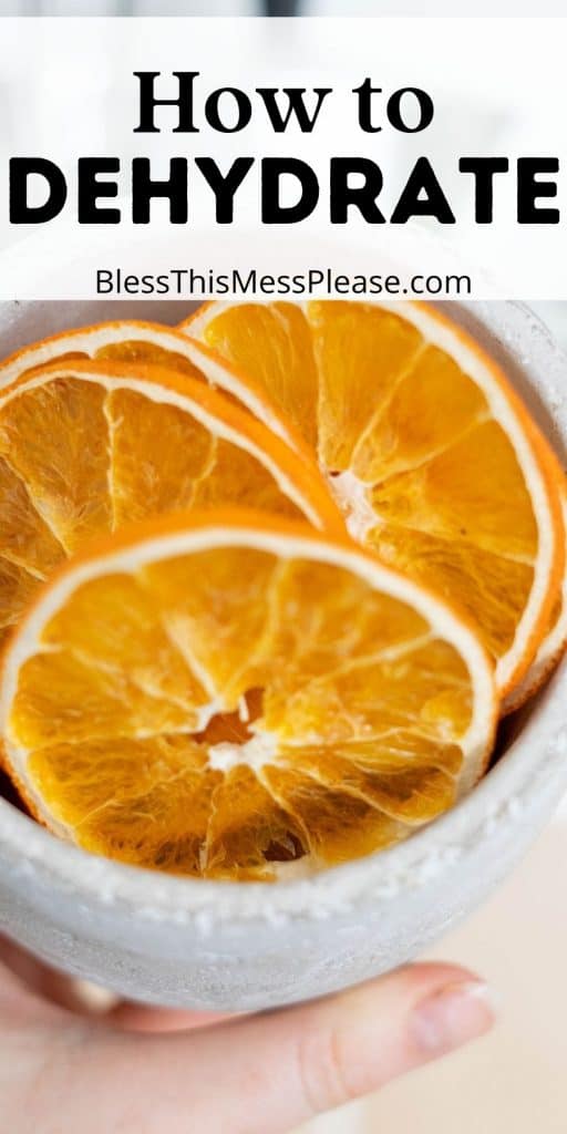 bowl of dehydrated orange slices with the words "how to dehydrate" written at the top