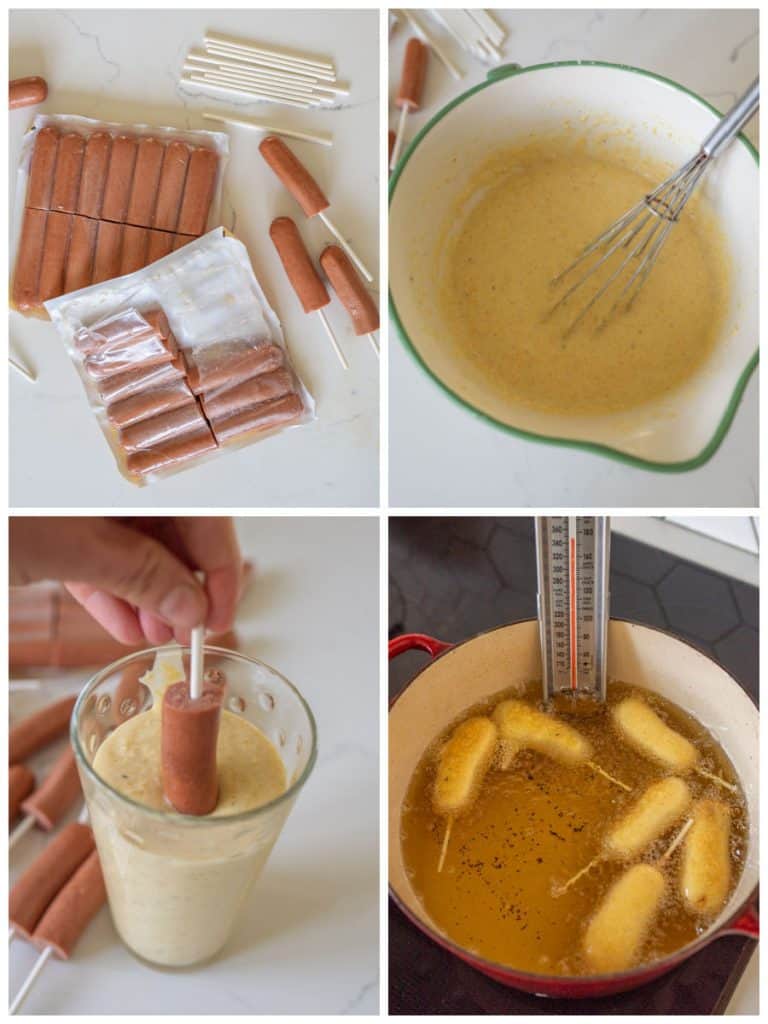 four photo collage on how to make corndogs. top left photo is of hotdogs cut in half. top right picture is of the batter for corndogs in a bowl. bottom left picture is of hotdogs on a stick being dipped in batter. bottom right picture is of corndogs being fried in a pot of oil