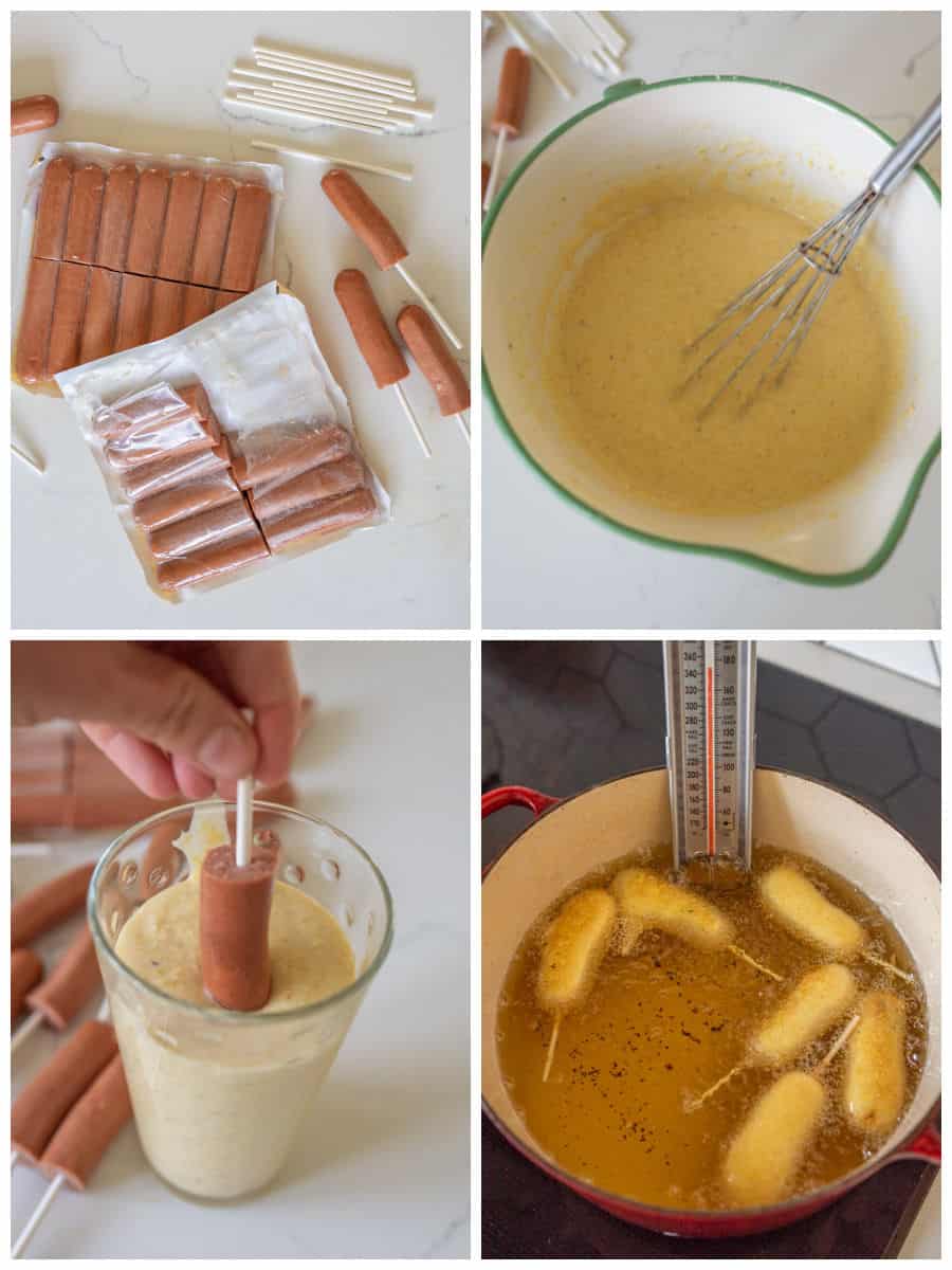 four photo collage on how to make corndogs. top left photo is of hotdogs cut in half. top right picture is of the batter for corndogs in a bowl. bottom left picture is of hotdogs on a stick being dipped in batter. bottom right picture is of corndogs being fried in a pot of oil