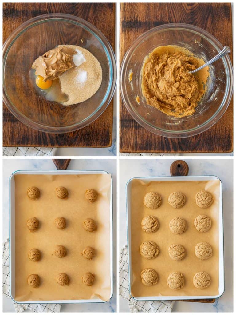 four photo collage of peanut butter cookies. top left picture is of the ingredients in the bow. top right picture is of the cookie dough. bottom left picture is of the cookie dough in balls on a cooking sheet. bottom right picture is of the cookies baked on a sheet