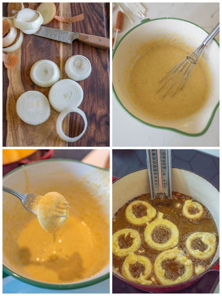 four photo collage on how to make onion rings. top left pictures is of onions sliced into rings. top right picture is of batter for onion rings. bottom left picture is of a ring of onion being dipped in the batter. bottom right picture is of onion rings being fried in oil