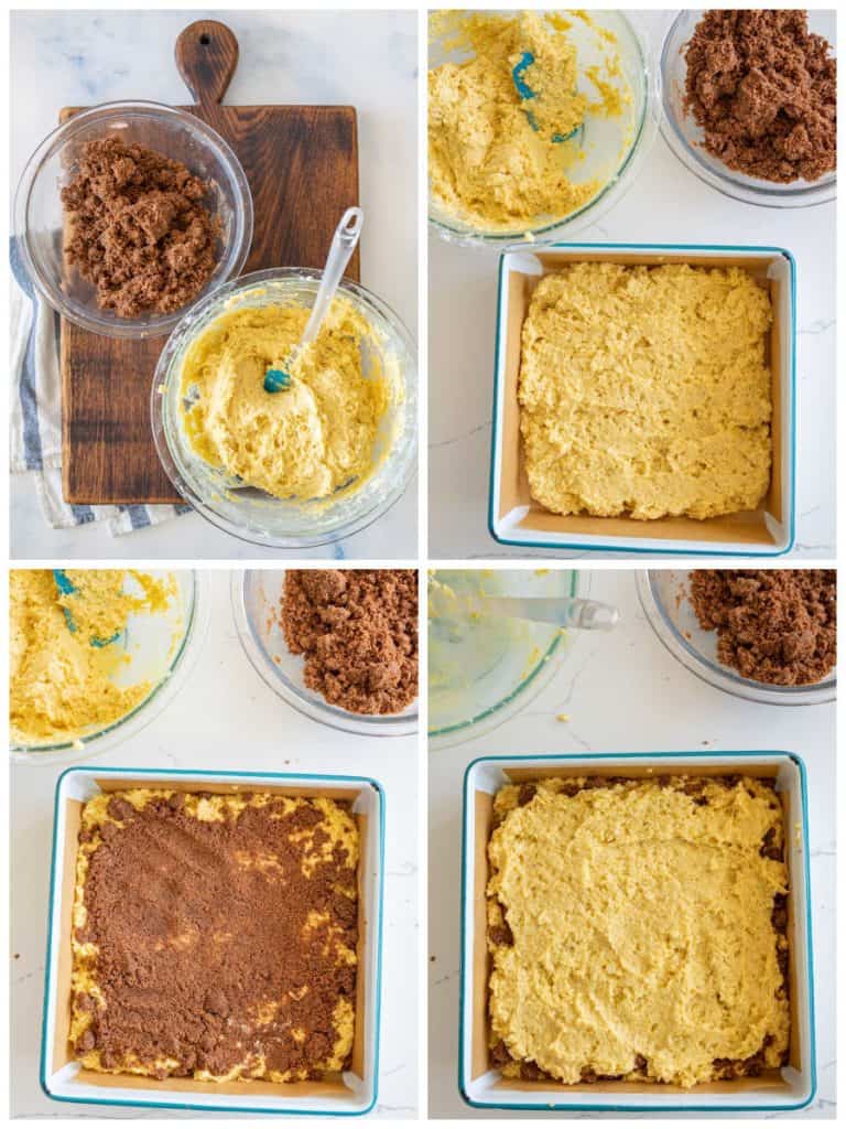 4 pictures collage on how to make coffee cake. top left picture is of a bowl of coffee cake batter and a bowl of cinnamon mixture. top right pic is batter in a baking dish with the bowls of batter and cinnamon mix above it. bottom left picture is the cinnamon mixture being pressed into the coffee cake batter. the bottom right picture is of coffee cake batter added on top of the cinnamon mixture
