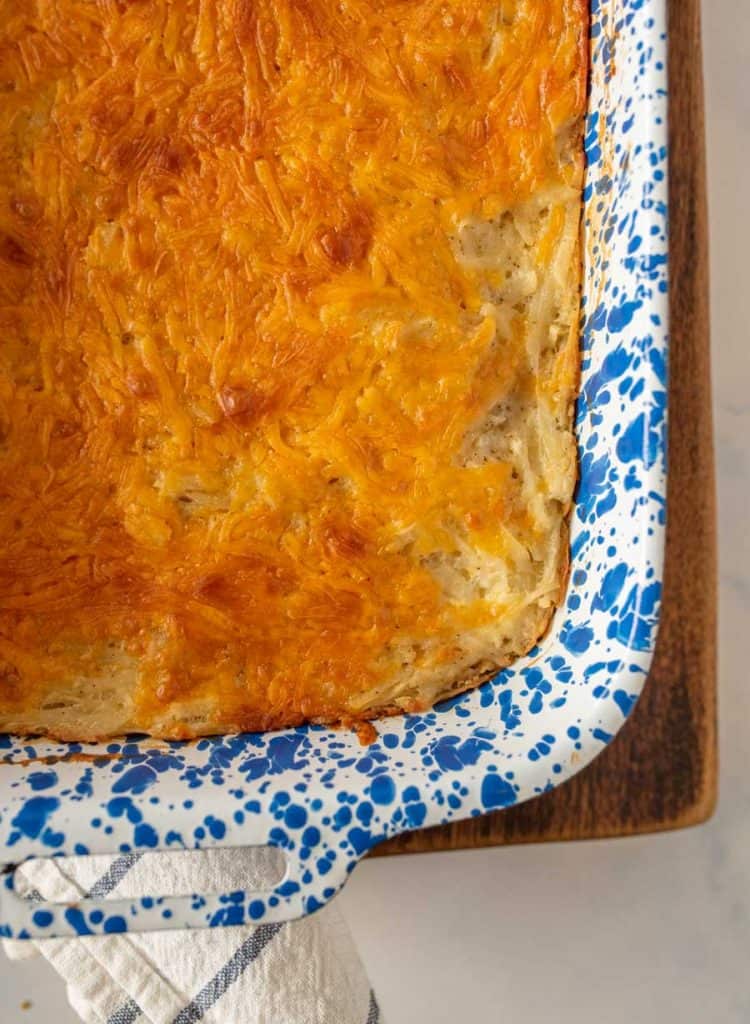 close up of cheesy potato casserole in a dish