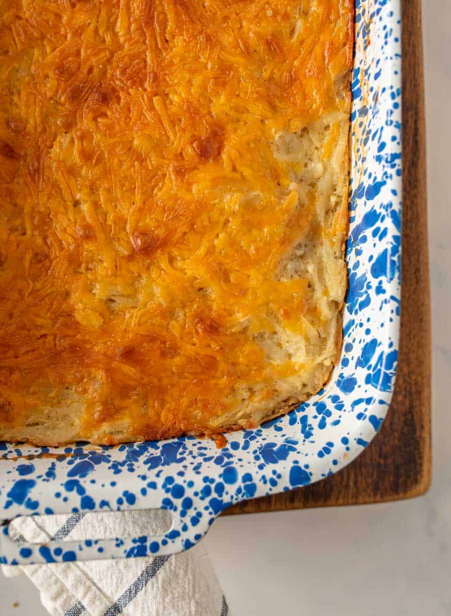 close up of cheesy potato casserole in a dish