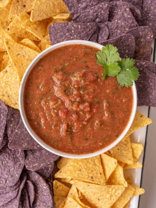 close up of a bowl of blender salsa and chips