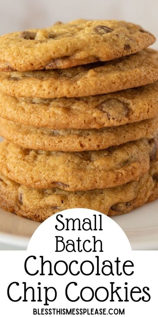 a stack of chocolate chip cookies on a plate with the words "small batch chocolate chip cookies" written at the bottom