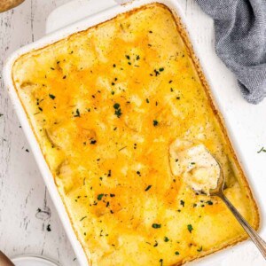 A baked casserole dish filled with cheesy scalloped potatoes, garnished with herbs. A serving spoon rests in the creamy, golden layers, with some potatoes scooped out. Nearby are whole potatoes, a gray cloth, plates, and forks.