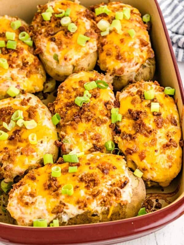 twice baked potatoes in a baking dish