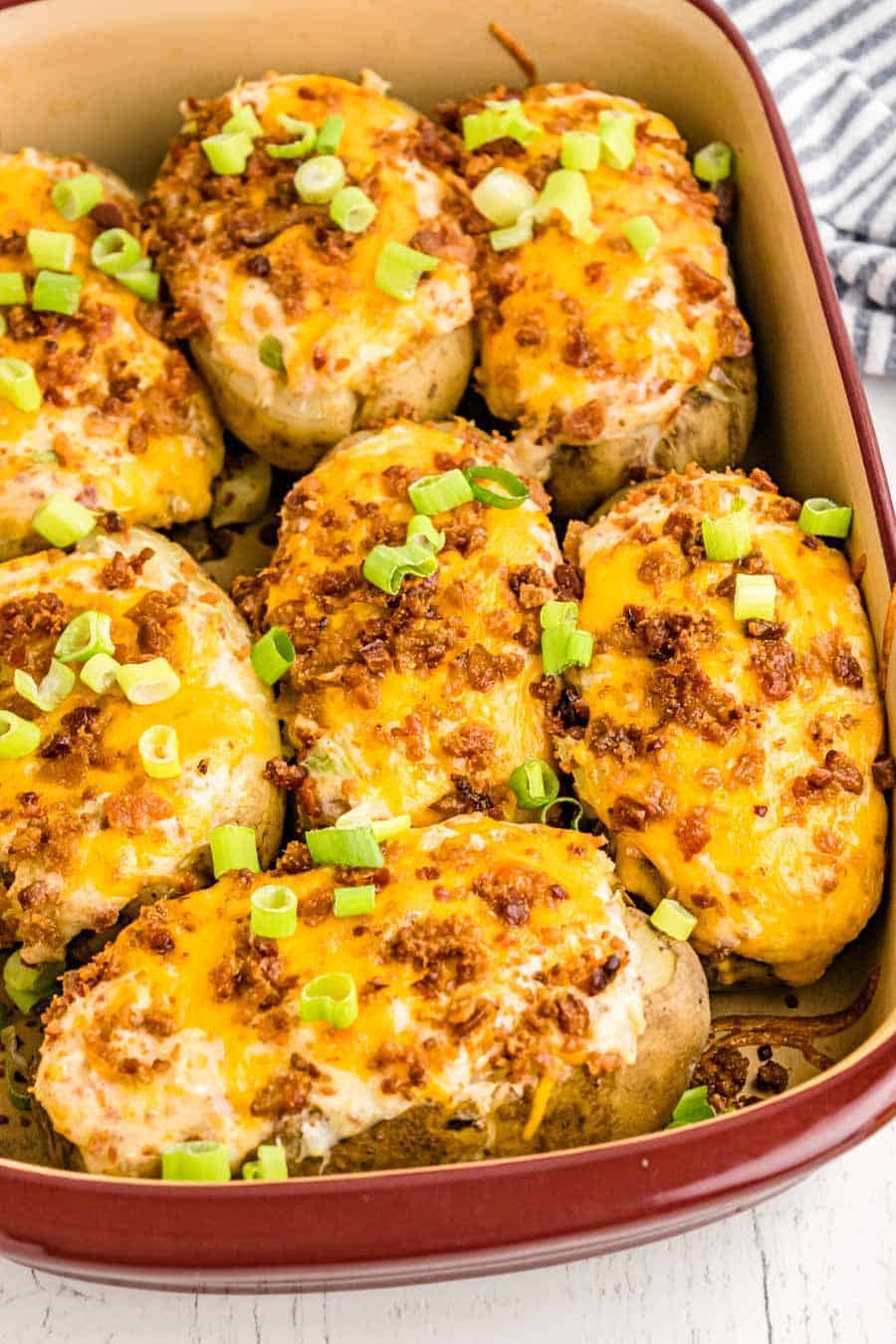 twice baked potatoes in a baking dish