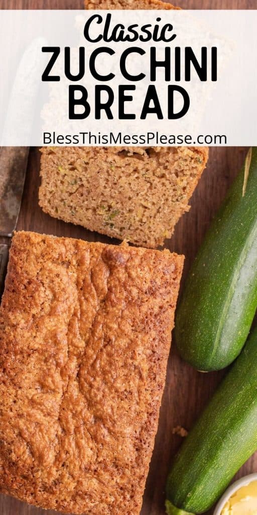 top view of sliced zucchini bread with the words "classic zucchini bread"