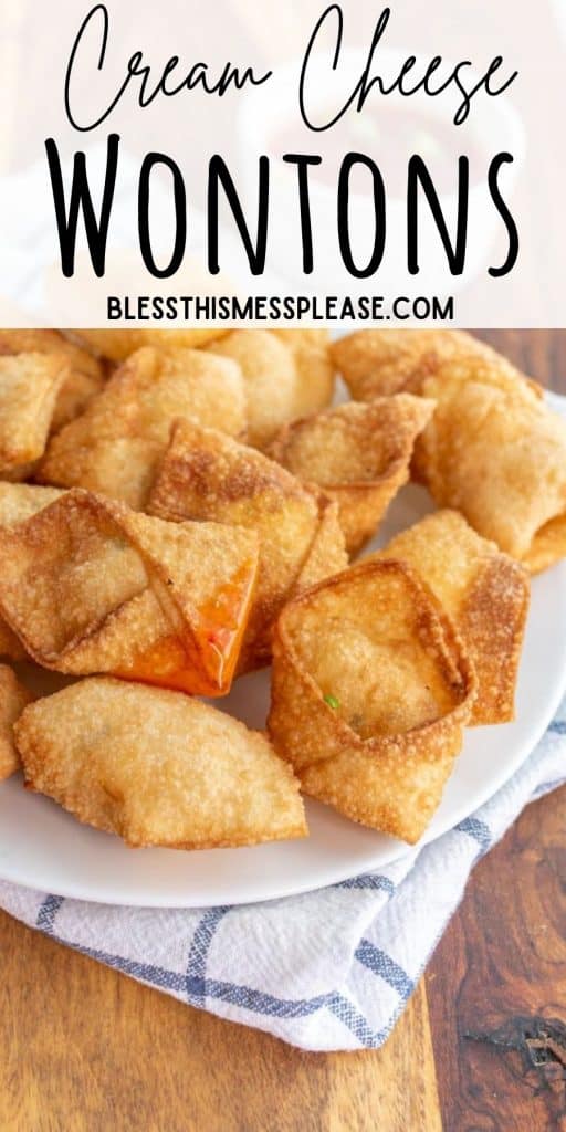 cream cheese wontons on a plate with the words "cream cheese wontons" written at the top