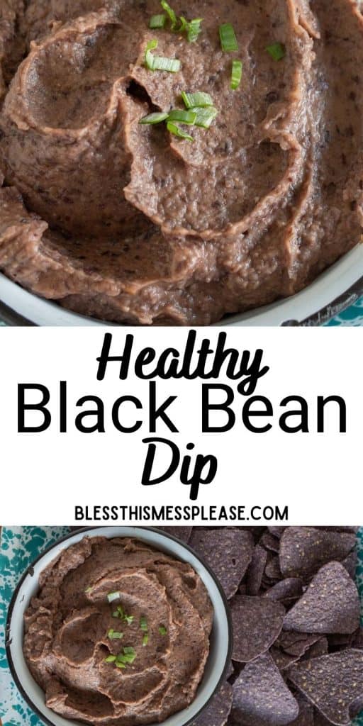 close up top view of black bean dip, bottom picture is of a bowl of black bean dip next to tortilla chips, and the words "healthy black bean dip" written in the middle