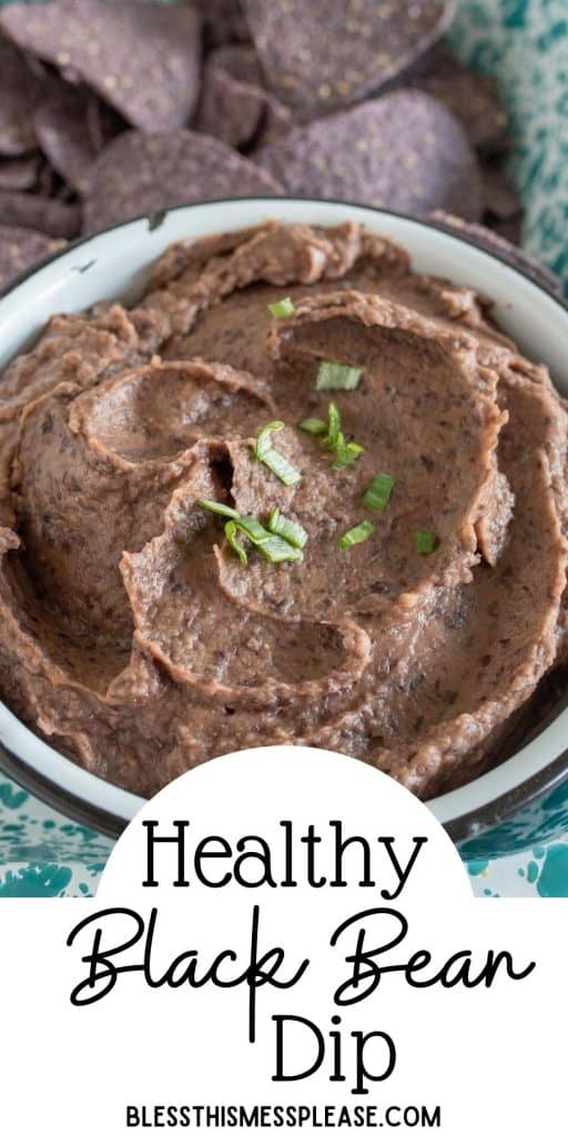 close up of a bowl of black bean dip with tortilla chips in the background