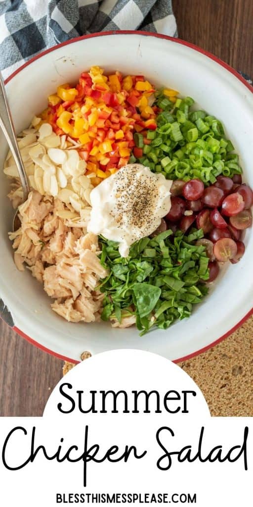 top view of a bowl of ingredients for chicken salad