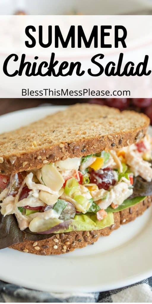 close up of a chicken salad sandwich on a plate with the words "summer chicken salad" written at the top
