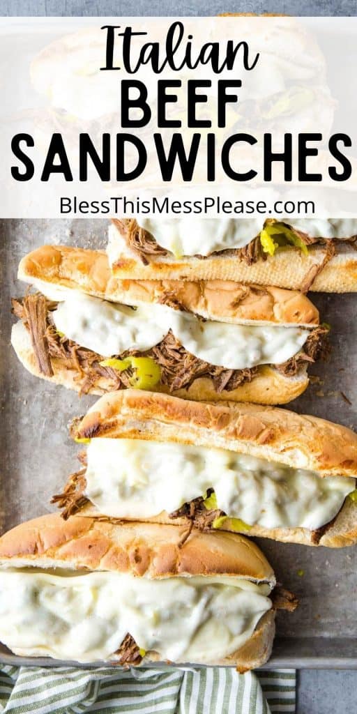 top view of Italian beef sandwiches on a baking sheet with the words "Italian beef sandwiches" written at the top