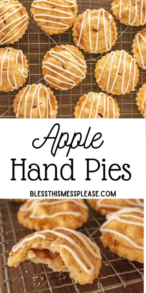 top picture is the top view of apple hand pies, bottom picture is an up close picture of a hand pie with a bite taken out of it, and the words "apple hand pies" written in the middle