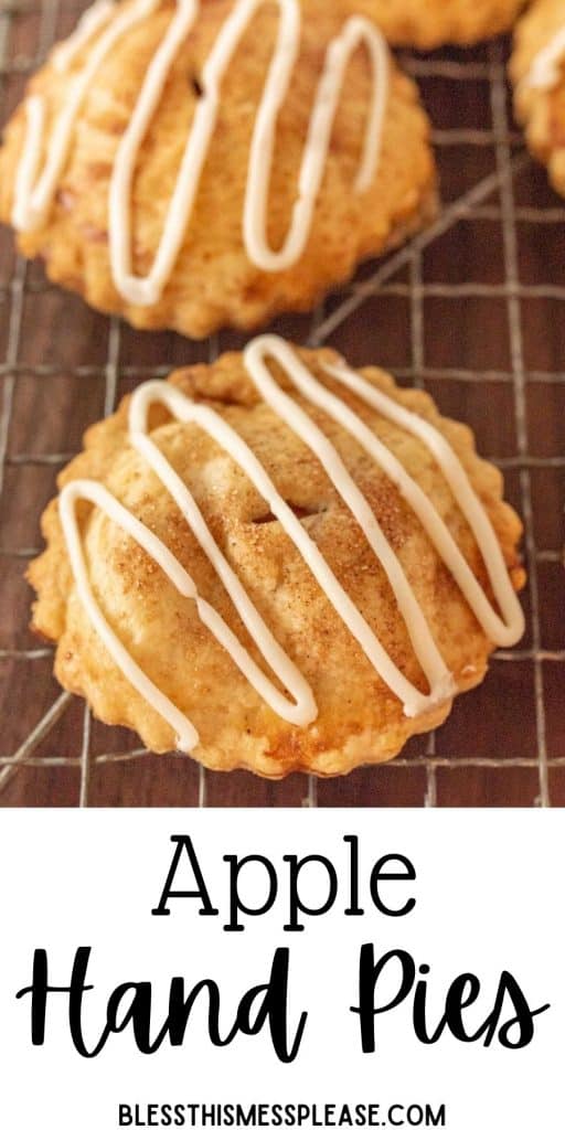 close up picture of apple hand pies with the words "apple hand pies" written at the bottom