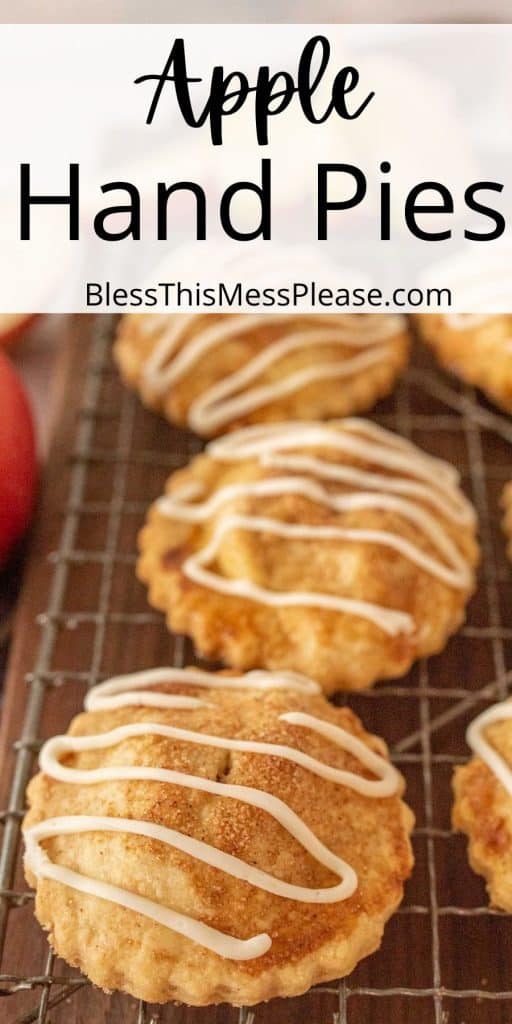 close up picture of apple hand pies with the words "apple hand pies" written at the top