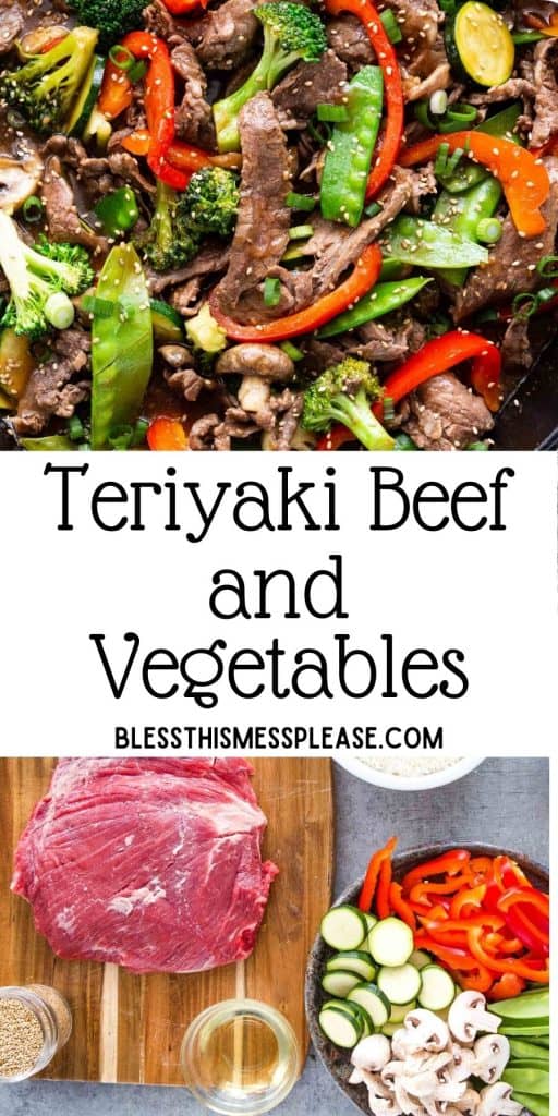 top picture is of teriyaki beef and vegetables, bottom picture is of the ingredients for teriyaki beef and vegetables, with the words "teriyaki beef and vegetables" written in the middle