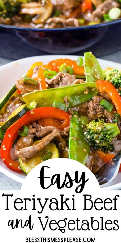 plate of teriyaki beef and vegetables with the words "easy teriyaki beef and vegetables" written at the bottom