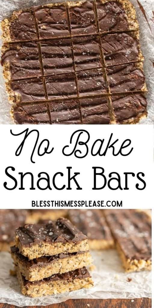 top picture is of protein snack bars cut into squares, bottom picture is of protein snack bars stacked on top of each other, with the words "no bake snack bars" written in the middle