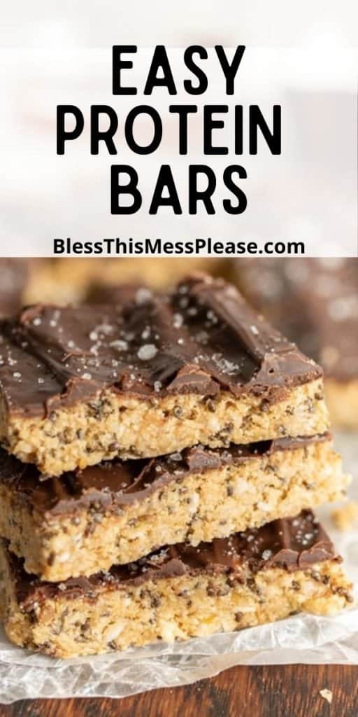 peanut butter protein bars stacked on top of each other with the words "easy protein bars" written at the top