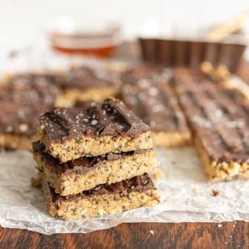 peanut butter protein bars stacked on top of each other