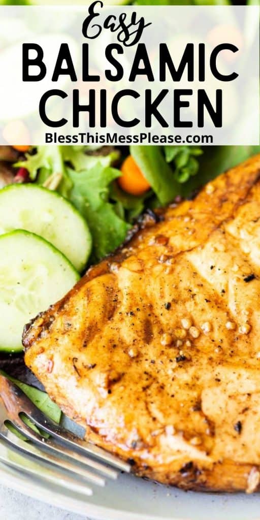 pinterest pin text across the top says "easy balsamic chicken" - Close up image of a well cooked glazed chicken on a plate